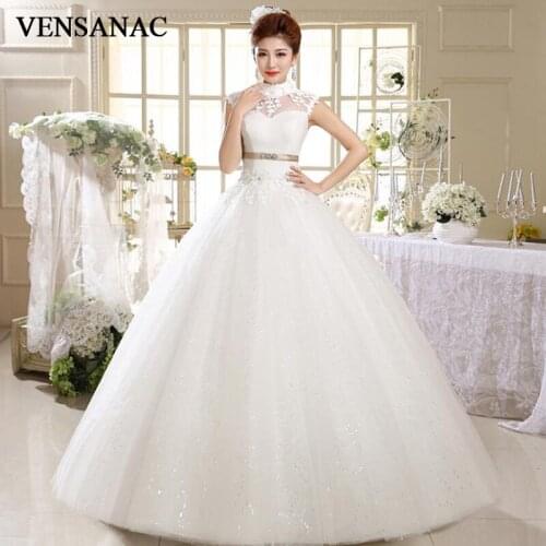 VENSANAC Crystal Sash Flowers Appliques High Neck Ball Gown Lace Wedding Dresses 2018 Sequined Backless Bridal Dress