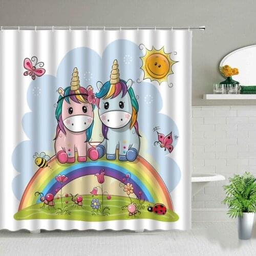 Lovely Unicorn Shower Curtains Bathroom Decor Cartoon Rainbow Butterfly Kids Baby Bath Curtain Waterproof Polyester Fabric