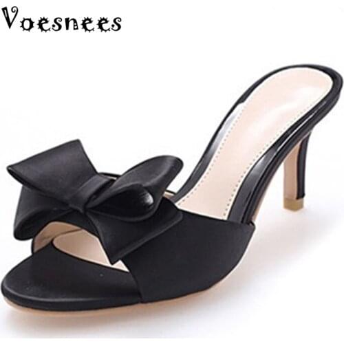 Women Shoes Slippers Summer 2020 High-heeled Slim Banquet Silk and Satin Slippers Sexy Belt Decoration Slippers Big Size Sandals