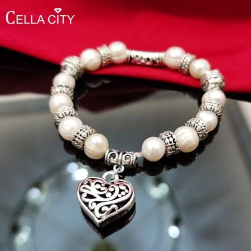 Cellacity Hollow heart style Bracelet for Women Silver 925 Jewelry Natural Freshwater Pearl 7-8mm white near round pearl Party