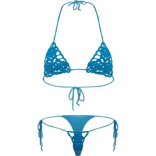 Womens Sexy Suit Floral Handmade Crochet Lingerie Set Hollow Out Bikini Set Beach Two-Piece Micro Swimsuit Sunbathing Swimwear