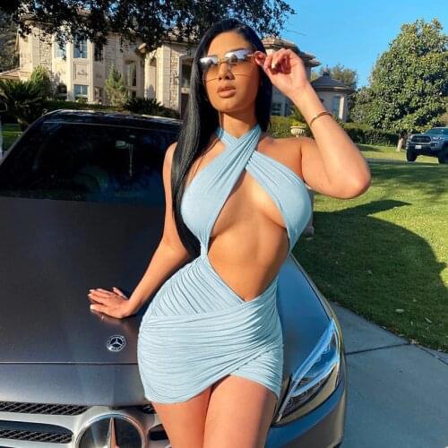 Sexy Women Night Club Dress Summer Halter Mini Dresses for Party 2021 New Solid Color Backless Lady Bodycon Streetwear Outfits