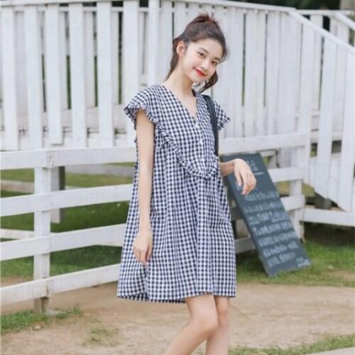 Women Cute Dress Summer 2020 Korean Style Casual Loose V Neck Ruffles Mini Dress Black White Plaid Dresses vestidos D275