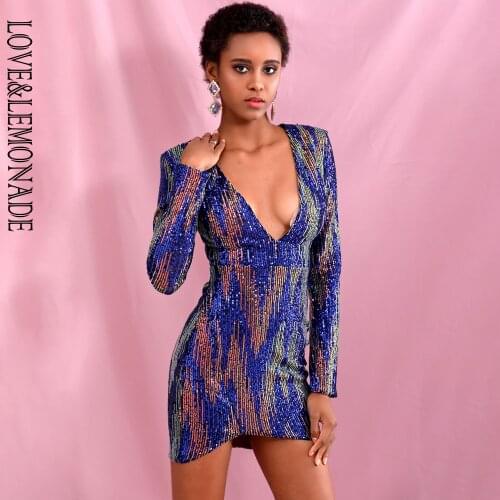 LOVE & LEMONADE Sexy Deep V-Neck Colorful Geometric Pattern Sequins Long Sleeve Mini Bodycon Party Dress LM82121-1