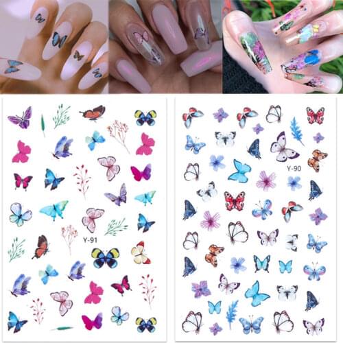 1pcs Watermark Slider Nail Stickers Wraps Colorful Flowers Butterfly Water Transfer Decals Nail Art Decorations 3D DIY Tips
