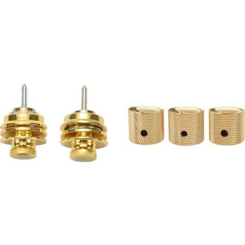 3PCS Gilded Metal Dome Knobs Knurled Barrel with 2Pcs Non-Slip Guitar Strap Lock Guitar Belts Buckle Button Thread