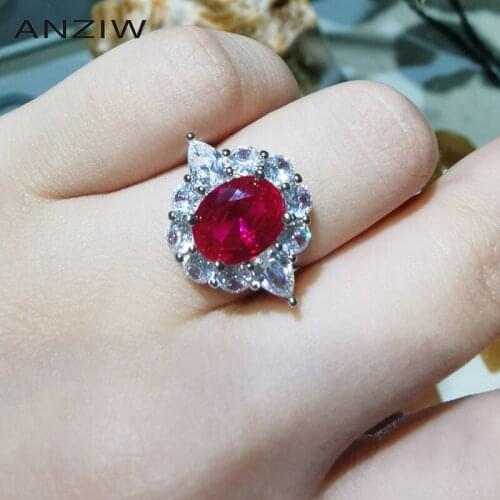 ANZIW Sterling Silver Oval Cut Lab Created Ruby Vintage Classic Engagement Ring With Adjustable Jewelry For Gifts