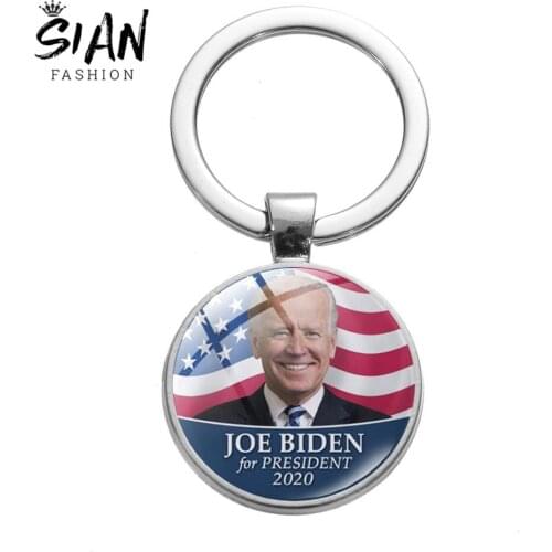 SIAN 2020 Joe Biden Keychain America President Art Photo Glass Dome Cartoon Printed Keychain Pendant Key Chain Ring Holder
