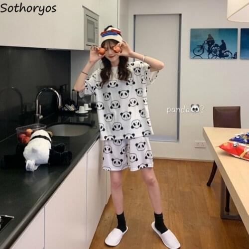 Pajama Sets Women Cute Korean Style Cartoon Leisure Loose Summer Sleepwear Student Elastic Comfortable Fashion Nightwear Soft