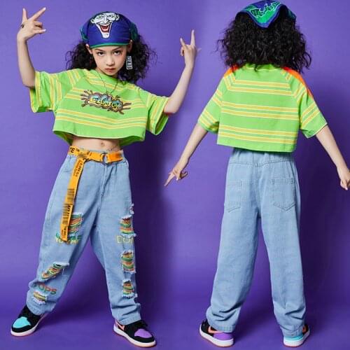 Kids Jazz Dance Performance Costume Hip Hop Girls Crop Tops Short Sleeves Loose Ripped Jeans Street Dance Rave Clothes BL6614