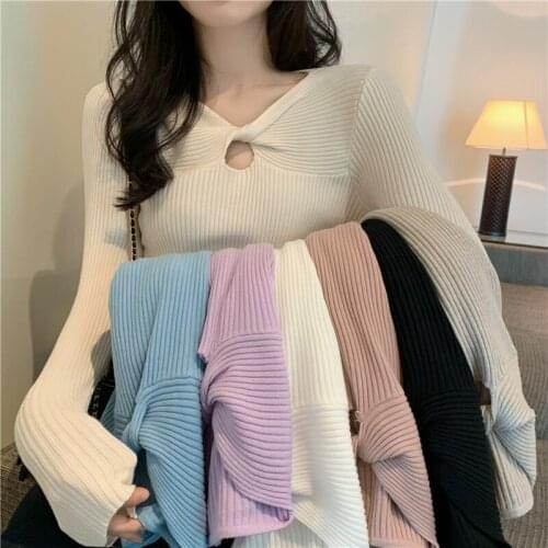 Elegant Hollow Out Criss-cross Knot V-neck Knit Pullovers All-match Solid Stretch Slim Sweaters 2021 Fall Chic Office Lady Tops