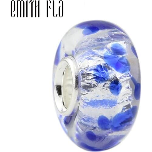 Emith Fla 925 Sterling Silver Large Hole Round Blue Murano Glass European Charm Beads Fit Brand Bracelet Jewelry Makings Gifts