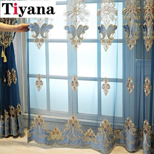 Blue Elgent European Embroidered Tulle Curtains For Living Room Voile Kitchen Window Blinds Drape JK188D
