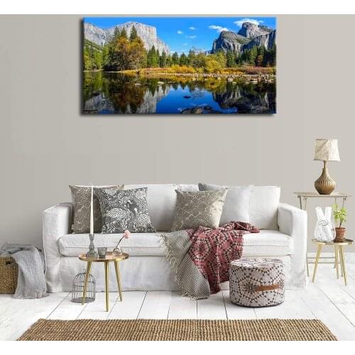 Canvas Wall Art Blue Lake and Mountain Panoramic Painting - Long Canvas Artwork National Park , Ready to Hang Drop shipping