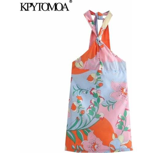 KPYTOMOA Women 2021 Fashion With Bow Tied Floral Print Mini Halter Dress Vintage Backless Side Zipper Female Dresses Vestidos