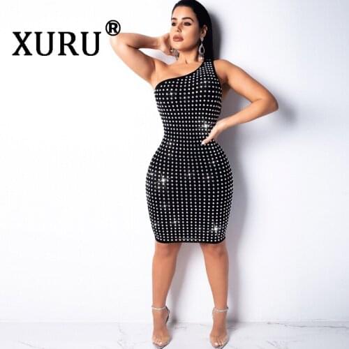 XURU Summer Sexy Diamond Dress Backless Strapless Big Diamond Irregular Slim Dress Club Party Black Dress