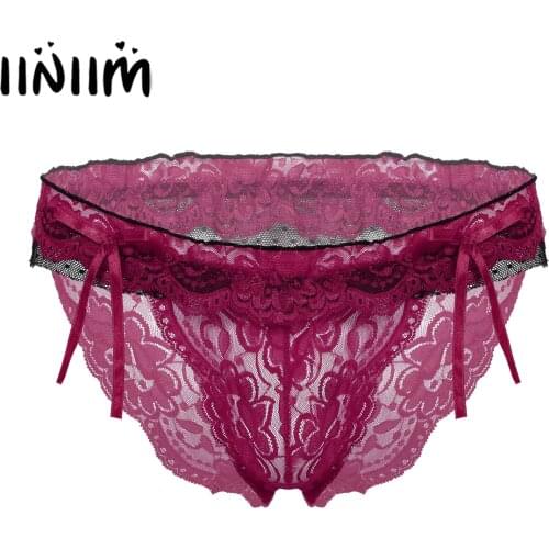Men Lace Floral Panties See-through Lace Low Waist Briefs Bowknot Ruffles Underpants Sissy Gay Underwear Lingerie Exotic Costume