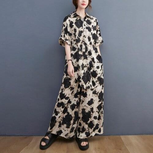 2021 Summer New Large Size Two Piece Set Comfortable Wide Leg Pants Leopard Print Casual Long Shirt And Trousers Suit zh1548