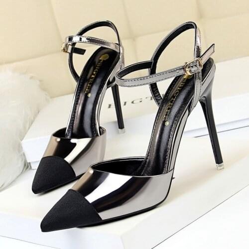 Mirror Heels Shoes Women Sandals Hollow Bronze Sexy Splice Buckle Heeled High Sandal Pumps Pointed New WomenS Shoes