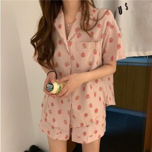 Sweet Printings Womens Pajamas Sets Short Sleeve Shirt+Shorts Comfortable Summer Sleepwear Loose Sleepcoat