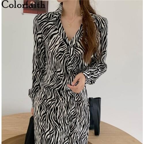 Colorfaith New 2021 Womens Summer Autumn Dresses High Waist Elegant Vintage Leopard Korean Split Lady Wild Long Dress DR20146