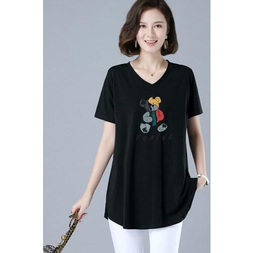 Size M-4XL Women Short Sleeve T-shirt Summer 2021 New Casual Little Bear Print Mid-length Loose Cotton T-shirt Women Clothing