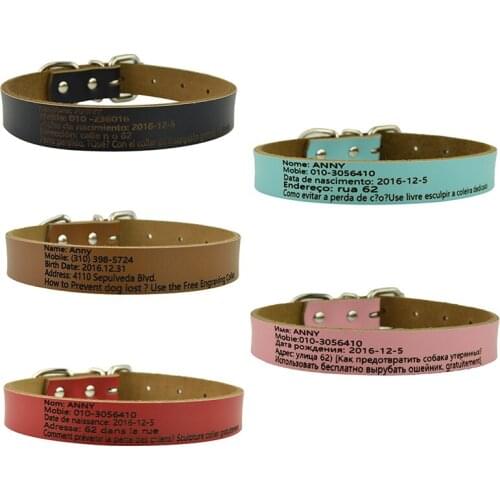 Luxury Genuine Leather Plain Dog Personalized Collar Engrave any Information Name Collars for Large Dogs 5 Colors