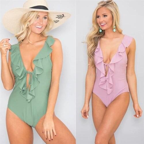 Sexy Women One Piece Swimsuit Summer Ruffle Monokini Push Up Padded Swimwear Solid Vneck Beachwear Bathing Suit Swimming Costume