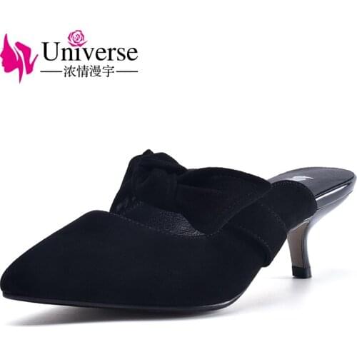 Universe chic summer slippers women high heels kid suede thin heel slippers outside ladies shoes H064