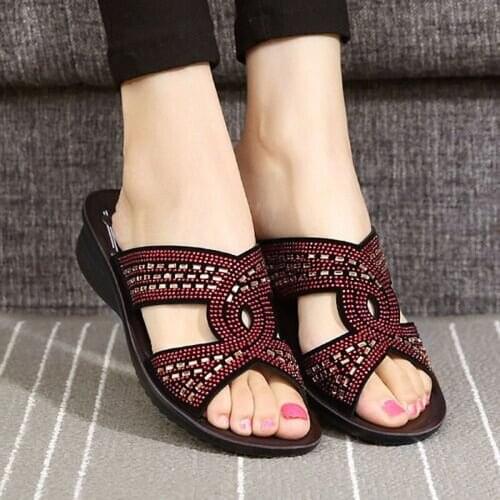 Ladies Slides 2021 Summer Womens Rhinestone Wedges Slippers Thick-soled Mother Sandals Fashion Fish Mouth Hollow Women Shoes