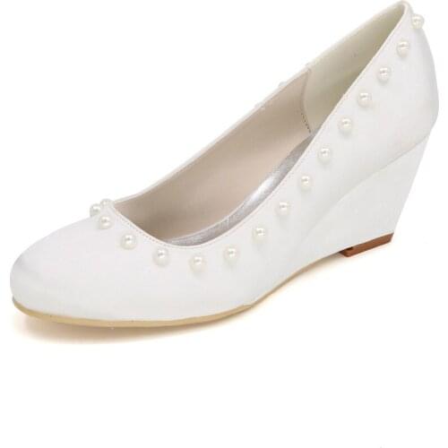 Closed toe wedge heels elegant pink pearl button satin dress shoes royal blue purple red champagne white ivory wedges party prom