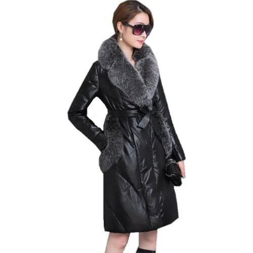 Jacket Leather Womens Winter Warm Coat Female White Goose Down Jackets Faux Fox Fur Collar Coats Parkas Mujer WXF235 s s