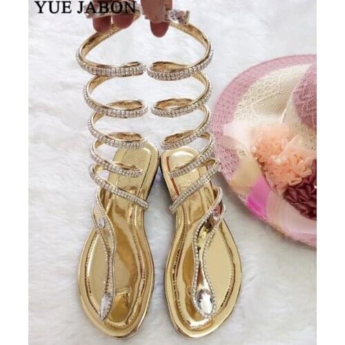Plus size34-46 Summer women sandals Crystal Sexy Women Gladiator Sandal women Boots Snake Flat sandals women Gold Black Silver