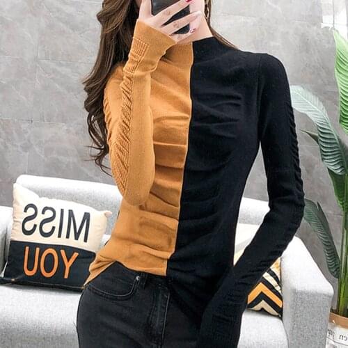 #9002 Women Sweater Turtleneck Spliced Color Thin Knitted Tops Tight Basic Knitwear Sweater Pullover Long Sleeve Ladies Knitted