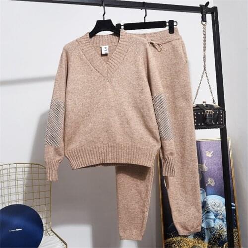 Fashion Sequins Thin Knitted Set Women 2020 Spring New Long Sleeve Tops + Casual Little Feet Pants Two Piece Set Women D3632