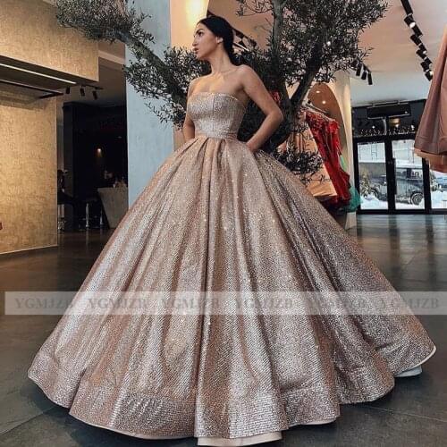 Long Evening Dresses Sparkle Glitter Sequin Ball Gown Prom Dresses Strapless Women Formal Dress Abendkleider Robe De Soiree
