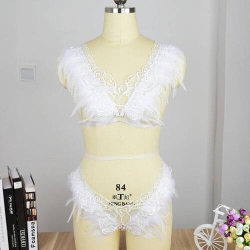 White Fearhers Lace Harness Bra Bondage Gothic Cage Lingerie Angel Wings Body Harness Adjust Festival Rave Wear Goth Body cage