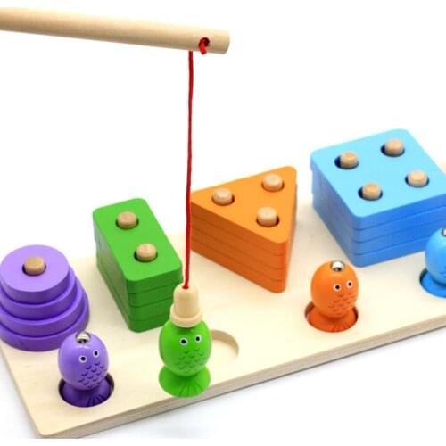 2 in 1 Wooden Shape Color Sorting Puzzles Socket Fishing Game Education Kids Toy