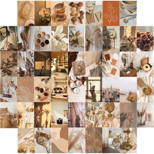 50Pcs Beige Aesthetic Pictures for Wall Collage Kits Boho Cards Cream Collage Print Warm Color Room Wall Bedroom Decoration Prop