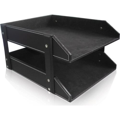 A4 Document File Organizer Tray Double Layers Desk PU Leather Paper Holder Rack U4LD