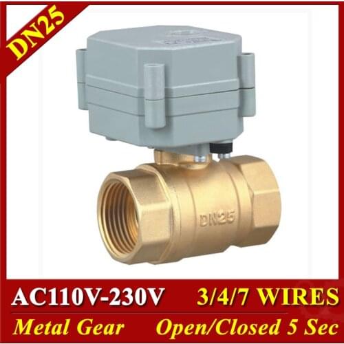 AC110-230V 3/4/7 Wires Brass 1''Motorized Valves Metal Gear TF25-B2 Series 2 Way DN25 Electric Shut Off Valves On/Off 5 Sec