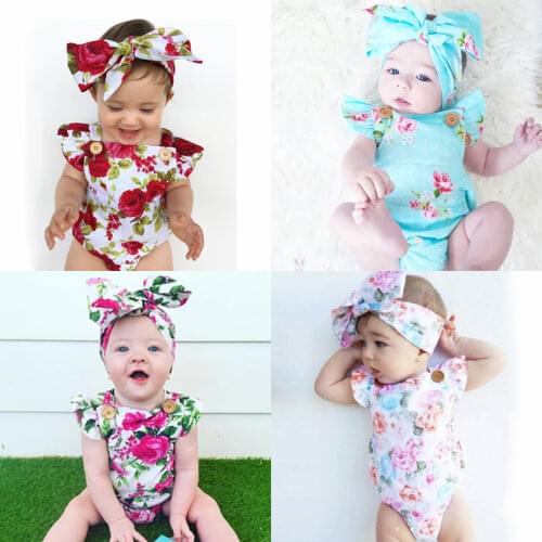 Newborn Baby Girls Clothes Flower Print Short Sleeve Round Neck Bodysuit Bowknot Headband 2pc Infant Cute Casual Summer Set