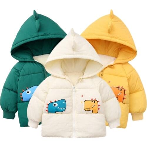 Baby jacket winter childrens down cotton plus velvet padded cotton jacket boys and girls cartoon dinosaur hooded cotton jacket