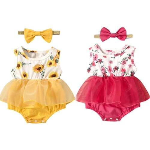 0-24M Baby Girls Casual Sleeveless Romper Fresh Flower Mesh Yarn Stitching Jumpsuits And Headband