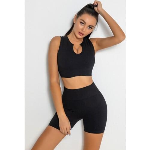 Shorts for Women Yoga Set Sport Suit Seamless Gym Clothing Round Neck Sports Bra High Waist Tight Shorts 2pcs Fitness Yoga Set