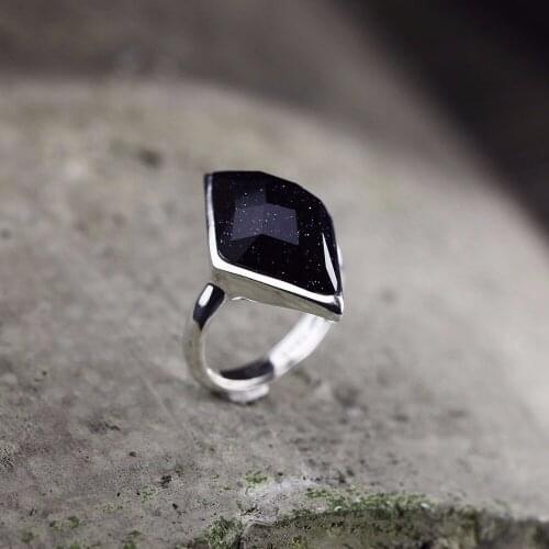 L&P New Fashion Agate Handmade Black Rhombic surface Stone Ring 925 Sterling Sliver Ring For Women Fine Jewelry Girl Gifts