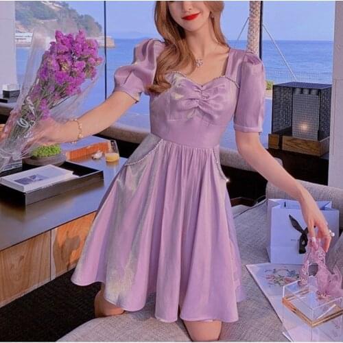 Summer Purple Elegant Dress Women French Retro Casual Sweet Fairy Dress Female Pretty Party Club Holiday Kawaii Dress