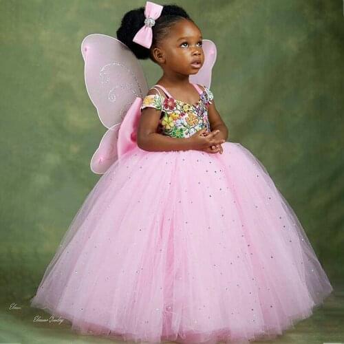 Cute Pink Flower Girl Dresses for Wedding Spaghetti African Girls Birthday Party Dress with Bow First Communion Gowns