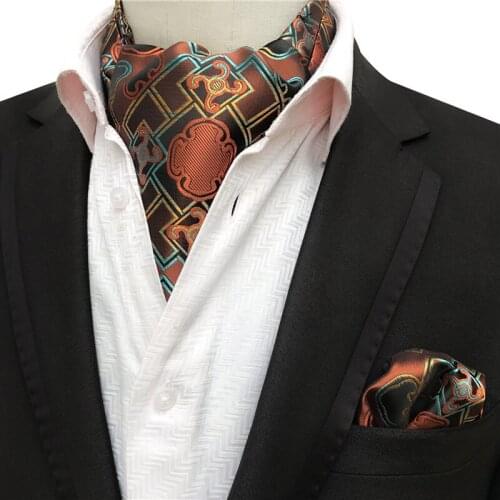 Mens Ascot Set Luxury Plaid Paisley Pattern Formal Scarf with Pocket Square for Wedding Party