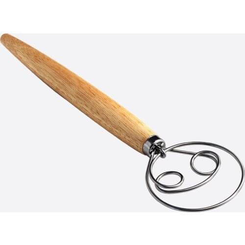 New Flour Mixer Oak Handle Flour Mixer Baking Tools and Dough Mixing Stick Stainless Steel Coil Whisk